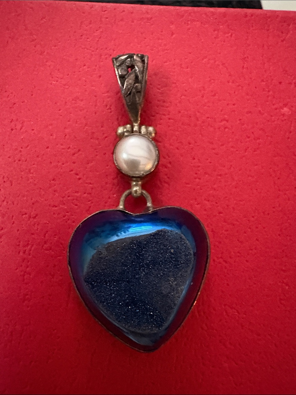 Vintage Silver-Tone Pearl and Blue Heart Druzy Pendant Necklace - Vintage